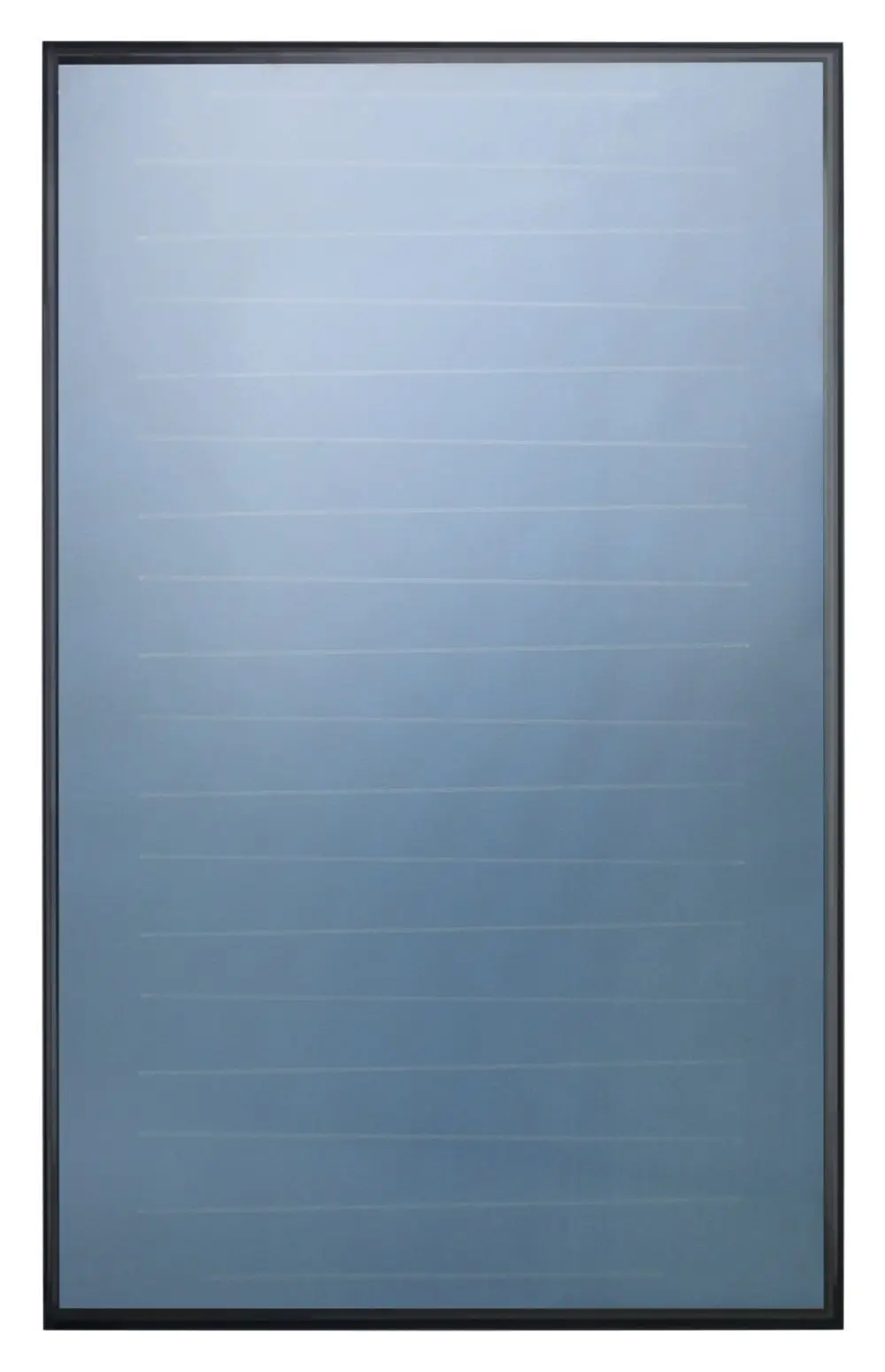 Solarpaneel mit blauer Oberfläche und horizontalen Linien, in einem schwarzen Rahmen, geeignet für die Integration in Vaillant-Systeme zur Energiegewinnung.